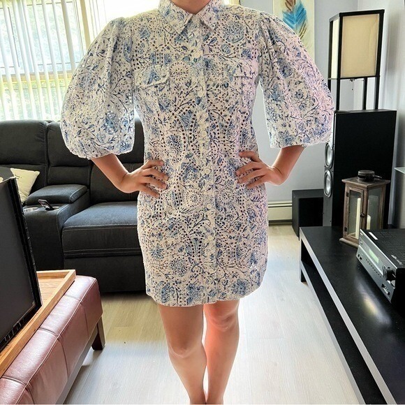 Love The Label Shira Blue Floral Eyelet Mini Dress Puff Sleeve Size Large